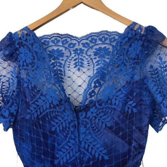 Vintage 70s Blue Lace Overlay Formal Fit and Flare Full Length Dress - Picture 5 of 8